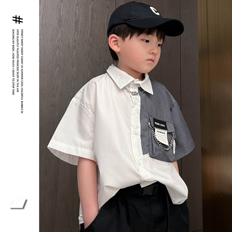 Three-year-old boy white short sleeve shirt boy pure cotton shirt wave cool children inch shirt Korean version of the men's Po 5