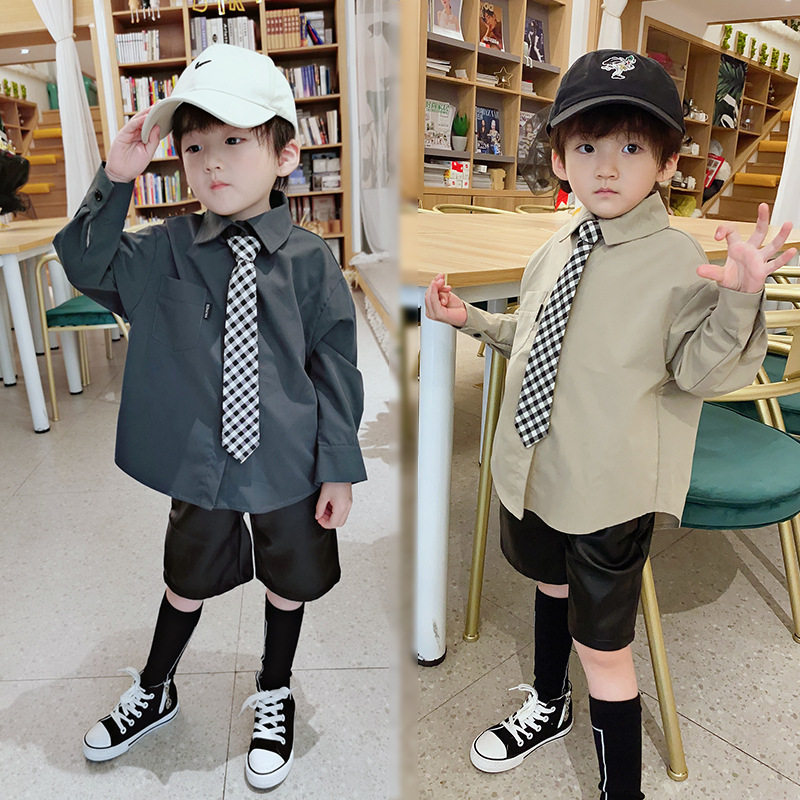 Children's tie shirt 2022 Spring style boy Black shirt Spring and autumn fried street baby Inn Wind Han Fan boy Spring