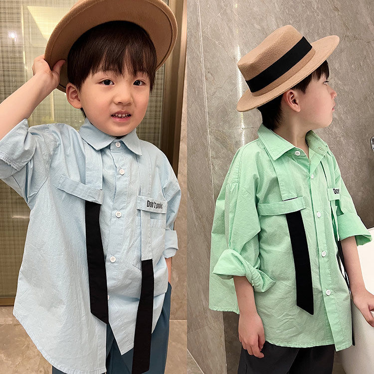 Children's shirt boy 2022 Spring with green Korean version boy shirt handsome Han Fan and boy inch shirt boomer cool