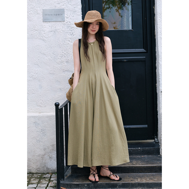 Blueerror Dry and Breathable Linen Round Neck Waist-Slimming Vest Dress Women's Sleeveless Long Skirt Summer Blueerror Dry and Breathable Linen Round Neck Waist-Slimming Vest Dress Women's Sleeveless Long Skirt Summer