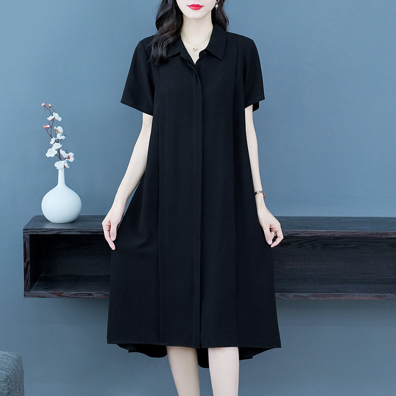 Plus Size Fat Mm240 Elegant Straight Lapel Dress 2026 Summer Women's Loose Fit Belly-Covering Slimming Dress