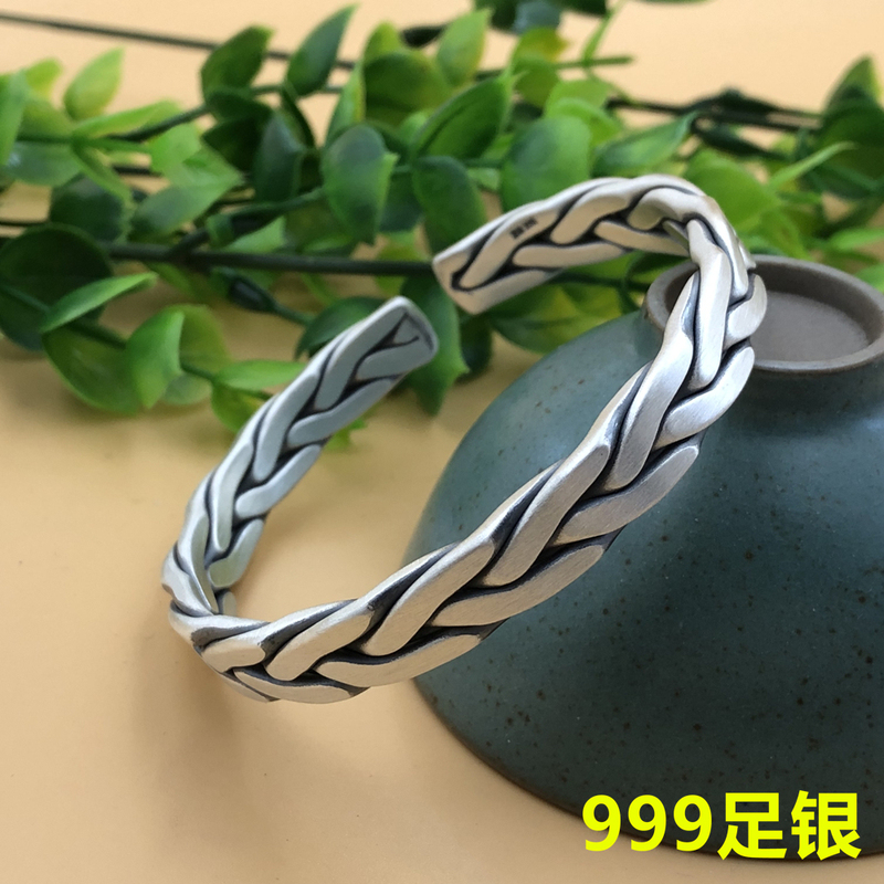 999 Pure Silver Vintage Handmade Braided Open Bracelet Couple Solid Twist Bracelet Gift for Boyfriend/Girlfriend 999 Pure Silver Vintage Handmade Braided Open Bracelet Couple Solid Twist Bracelet Gift for Boyfriend/Girlfriend