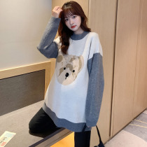 Pregnant womens sweater autumn and winter clothing Korean fashion cartoon age reduction round neck coat belly does not show pregnant womens sweater