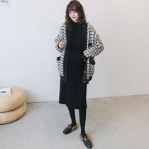 Pregnant women autumn and winter fashion set dress Plaid cardigan coat 2021 New Tide mother pregnant women Autumn wear
