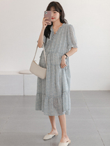 Pregnant woman dress summer fashion gas V collar with snow spinning flower temperament over knee long dress mom dress