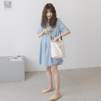 Pregnant Woman Lian Dress Spring Summer New Korean Version Flipped with Buttoned Doll Shirt Striped slim Pregnant Woman Dress with Pregnant Woman Dress