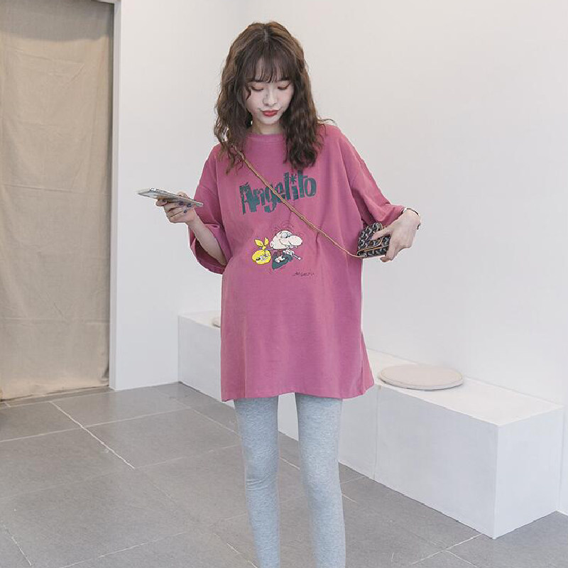 Pregnant women T-shirt spring and summer thickened long loose cotton cartoon top pop mom summer maternity short sleeves