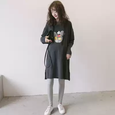 Pregnant women's T-shirt medium and long version of pure cotton spring long-sleeved hooded dress 2021 new T-shirt skirt bottoming shirt maternity dress