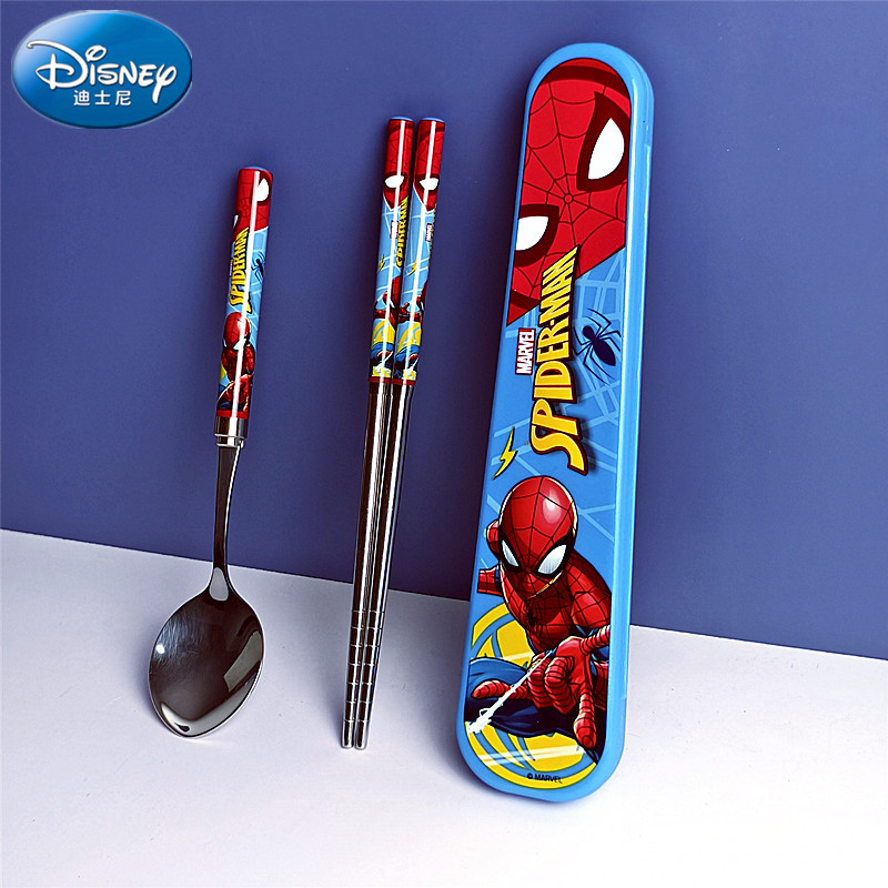Spider-Man 304 Stainless Steel Chopsticks and Spoon Set for Students and Boys, Cute Cartoon Iron Man Portable Tableware