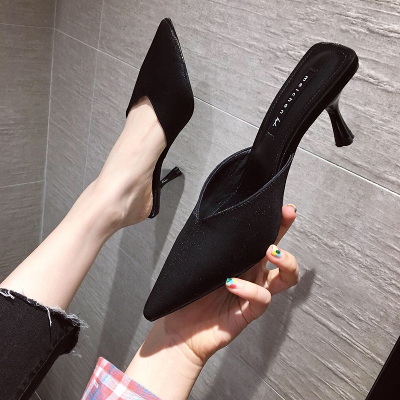 High heel shoes female fine heel tip Baotou Half cool slippers 2022 The new Korean version wears a cool tug girl little fresher