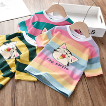 2021 summer new boys and girls loose rainbow stripes short sleeve T-shirt Children Baby foreign style cotton coat tide