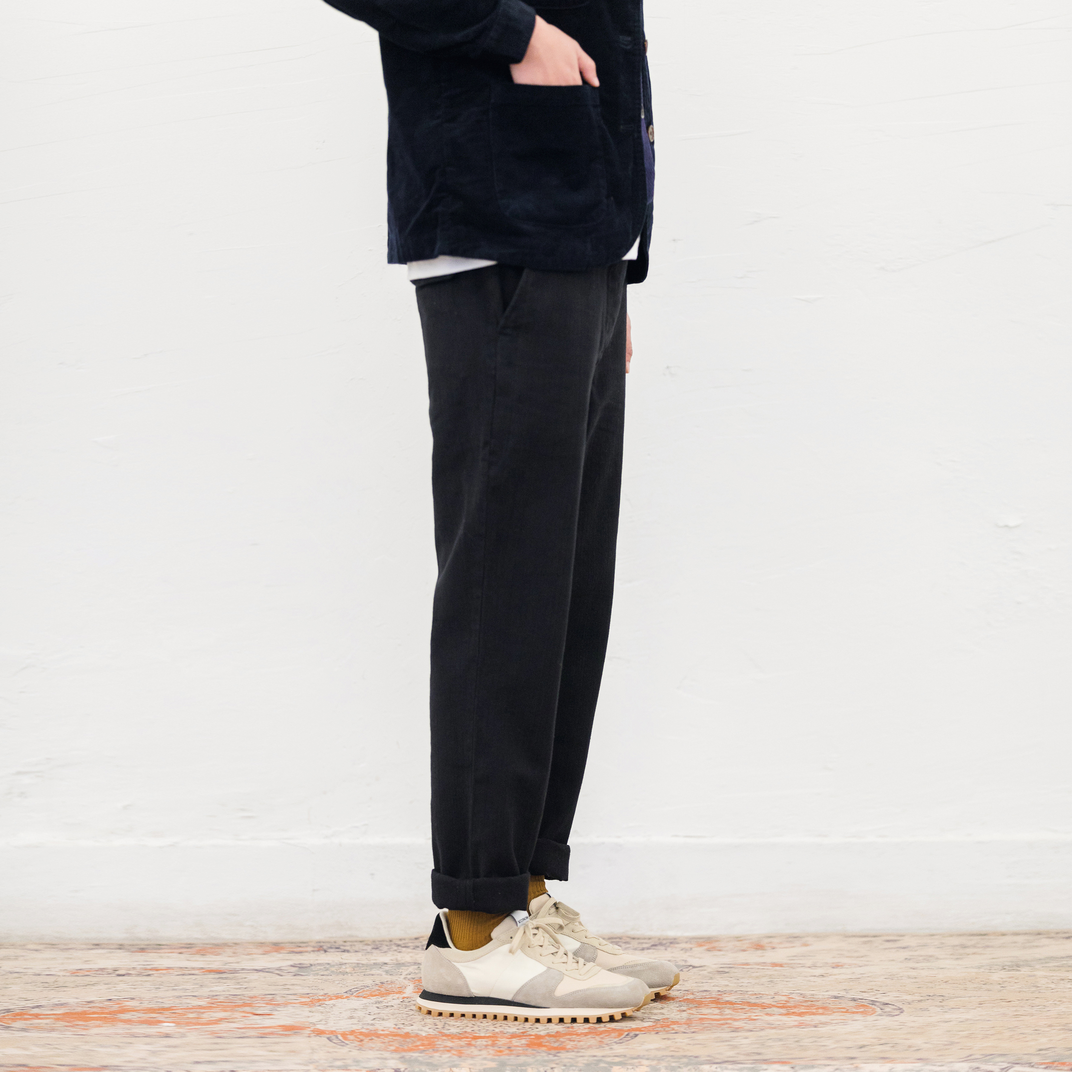 NVGS Officer Chino retro black HBT fish bonnet canvas casual long pants mid waist fit cut