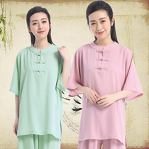 Jinwu new short-sleeved tai chi suit womens ice silk Taijiquan practice suit Middle sleeve clothes Health Qigong Ba Duan Jin suit
