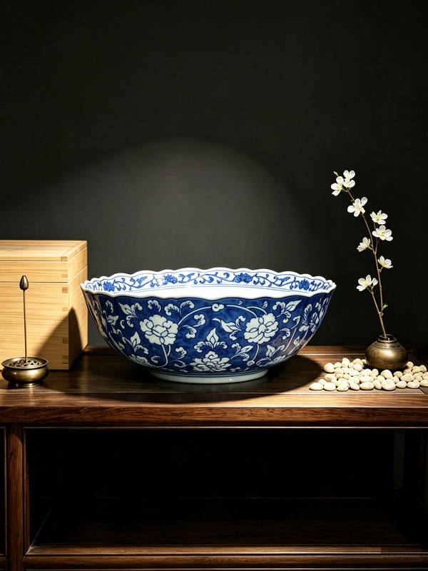 Japanese Kusan, Ping'An Jujiji, Xuefeng, Blue and White Multicolored Landscape, Floral and Bird Pattern, Extra-Large Bowl, Large Bowl, Tea Bowl, Brush Washer