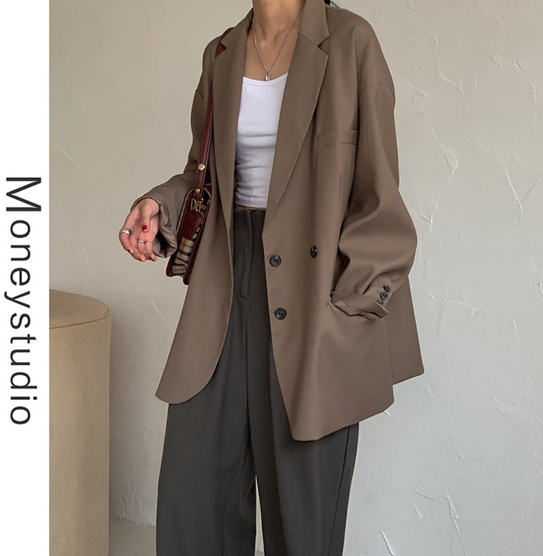 High-End Korean Style Loose Oversize Mid-Length Suit Silhouette Casual Coffee-Colored Drop-Shoulder Blazer for Women in Autumn