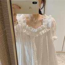 Shell Korea chic pure cotton night dress womens summer thin lace short-sleeved medium-long sweet princess style pajamas home