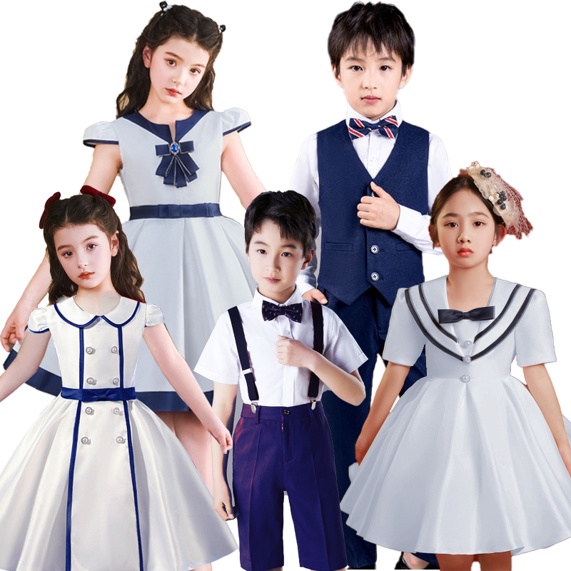 Blue and White Clothing Kidsren's Group Children's Day Student Navy Collar Dress Princess Dress Host Choir Group Performance Clothing Blue and White Clothing Kidsren's Group Children's Day Student Navy Collar Dress Princess Dress Host Choir Group Performance Clothing