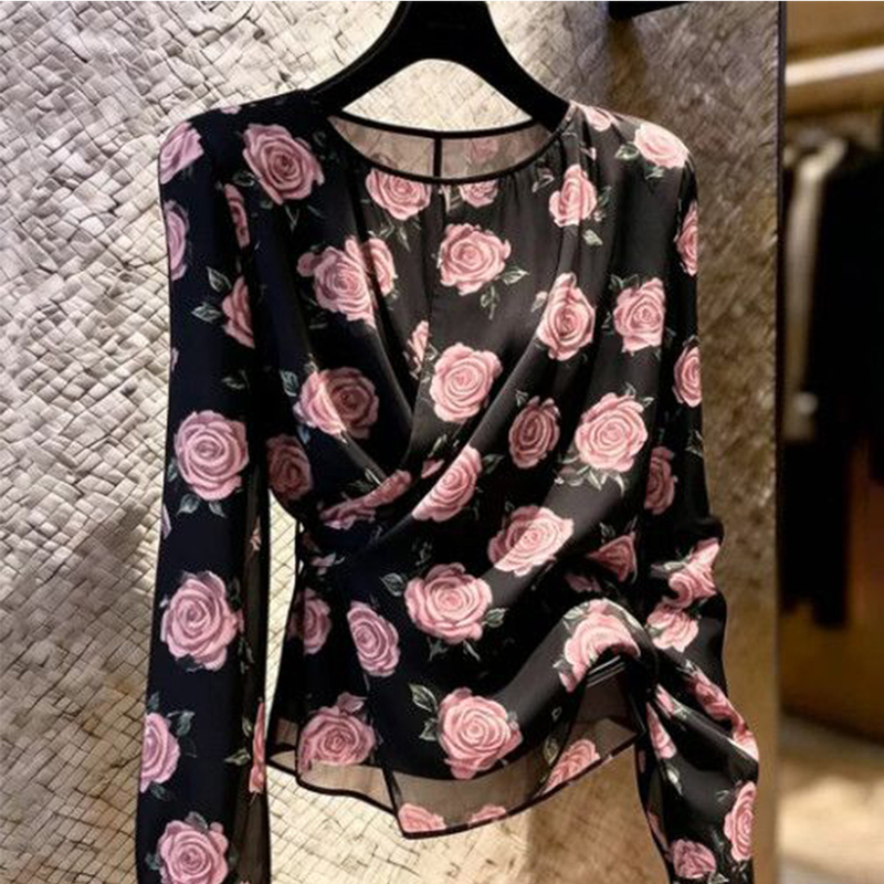 French-Style Rose Pink Printed Long-Sleeve High-End Blouse for Women, 2026 Summer New Slim-Fit Elegant Niche Shirt