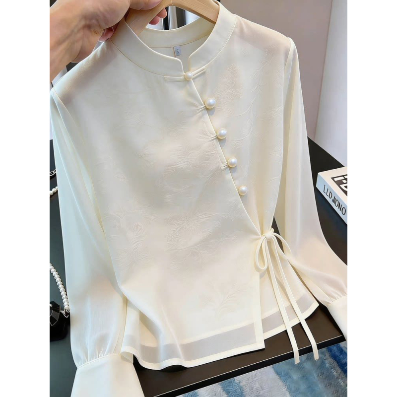 2026 Summer New Long-Sleeve Shirt with Traditional Chinese Style Stand Collar, Pearl Buttons, and Tie, Women's Asymmetrical Front, Versatile, Light Luxury Top 2026 Summer New Long-Sleeve Shirt with Traditional Chinese Style Stand Collar, Pearl Buttons, and Tie, Women's Asymmetrical Front, Versatile, Light Luxury Top