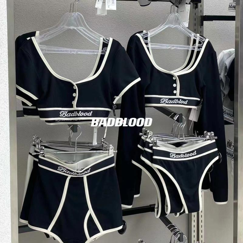 Badblood Lettered U-Neck Buttoned Short-Sleeve T-Shirt for Women, Sexy Fitness Crop Top, 2025 Summer