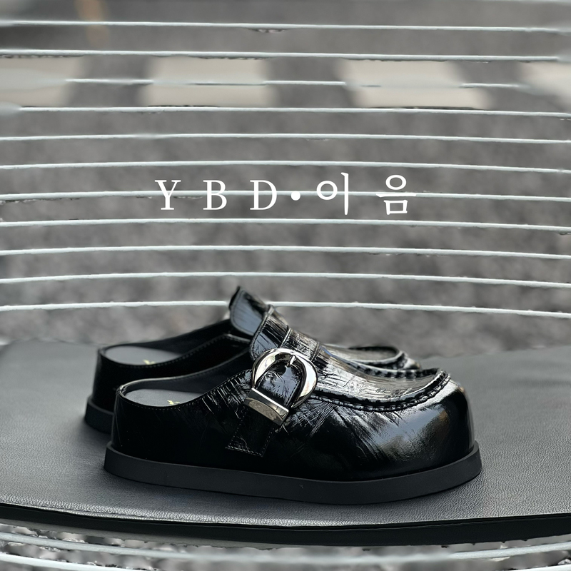 European and Korean Style Spring/Summer Leather Buckle Mule Slippers with Calfskin Lining, Latex Cushion, Ultra-Light Rubber Foam Thick Sole