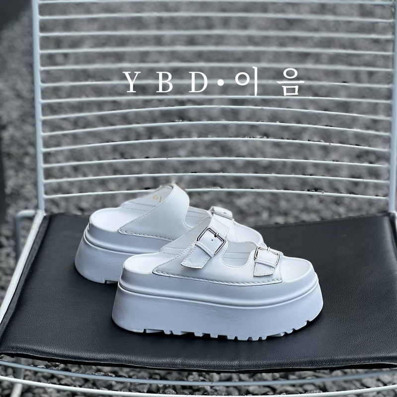 European and Korean Style Spring and Summer Double Buckle Imported Calfskin with Sheepskin Lining Ultra-Light Rubber Combination Foam Sole Platform Slippers
