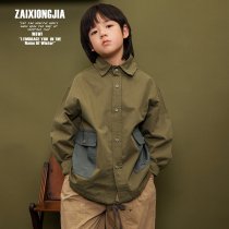 Z A I X O N G J A small details Design Collision Color Pocket Tooling Wind Army Green Long Sleeve Shirt Boy Boy Dress Spring Autumn