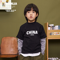 Z A I X O N G J A black grey splicing English long sleeve T-shirt blouses undershirt male and female child clothes small and medium sized children