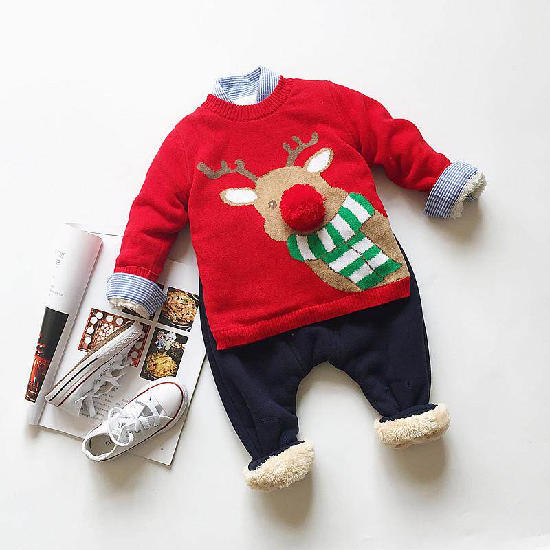 Male And Female Baby Children Plus Suede Thickened Monolayer Small Deer Jersey Christmas Sleeve Hooded Sweatshirt Hooded New Year Dress