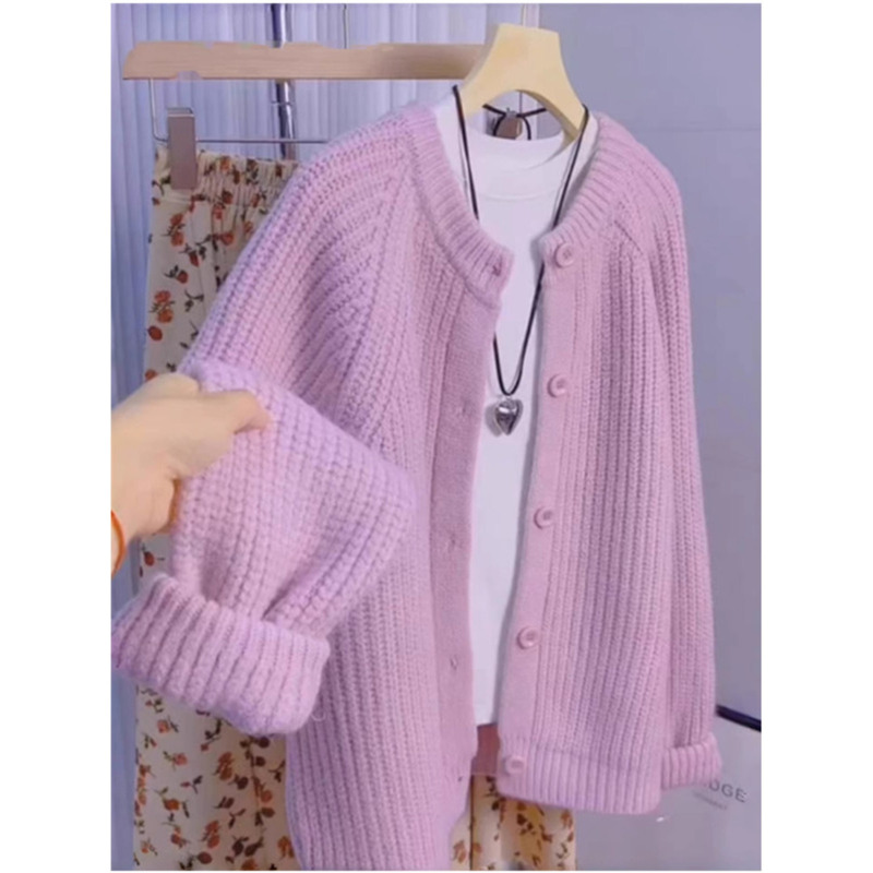 Luxury Bargain Women's Pink Crew Neck Knit Cardigan, Autumn and Winter New Thickened Lazy Sweater Coat