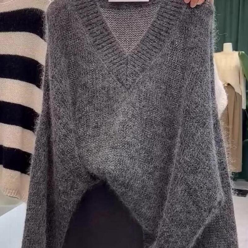 Retro Lazy Design Loose Gray Knitwear for Women Autumn and Winter Thickeneded Pullover V-Neck Long-Sleeved Knitwear New Product