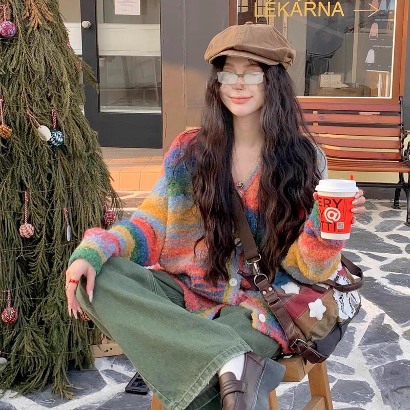 Personalized Age-Reducing Color-Block Rainbow Striped V-Neck Sweater Jacket for Women, Autumn and Winter Soft and Lazy Style Loose Knit Cardigan