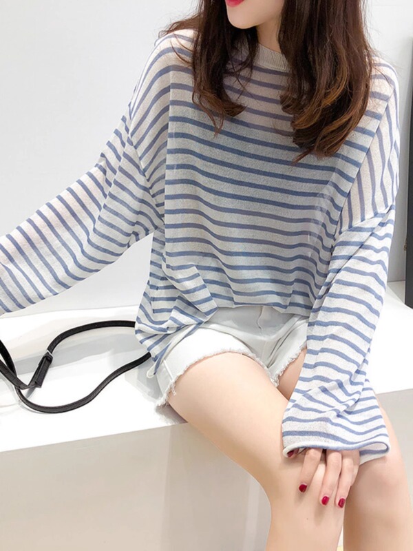 Summer Striped Thin Ice Silk Knit Sweater for Women, Pullover Loose Long-Sleeve Cover-Up, Lazy Style Sun Protection Air-Conditioning Shirt Top