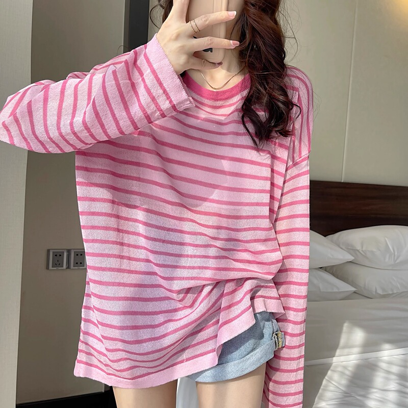 Striped Ice Silk Long-Sleeved T-Shirt for Women, Summer Thin Loose Design Top, Round Neck Versatile Knitted Sun Protection Cover-Up Striped Ice Silk Long-Sleeved T-Shirt for Women, Summer Thin Loose Design Top, Round Neck Versatile Knitted Sun Protection Cover-Up