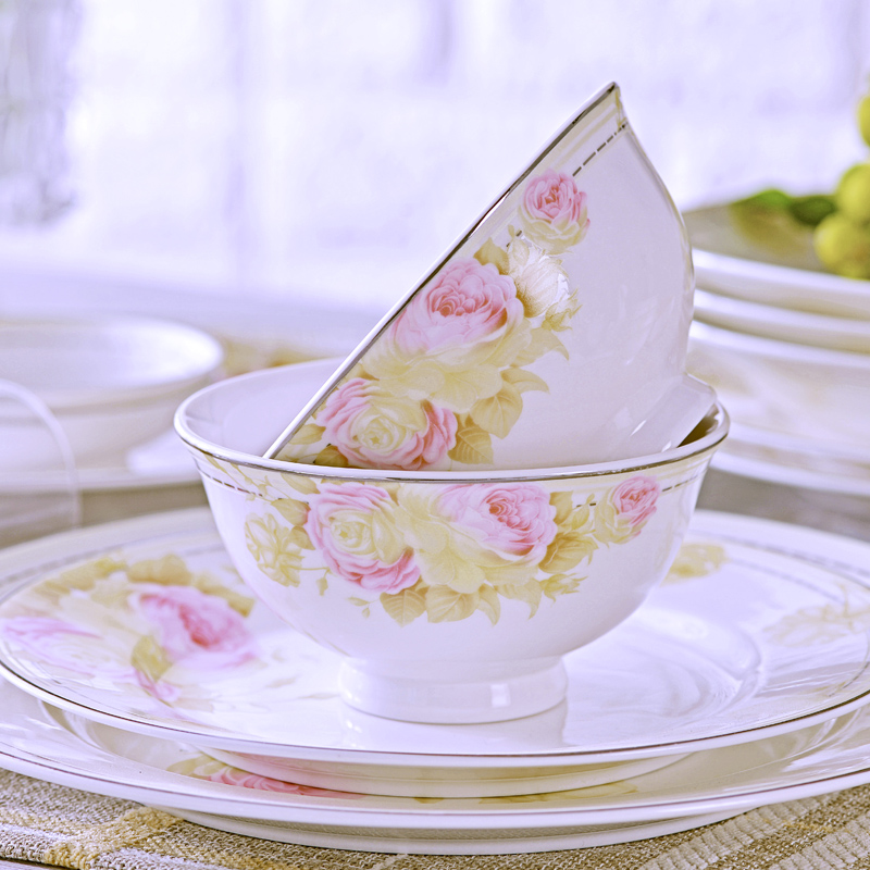 The Open tableware suit 60 head jingdezhen bowls of ipads plate chopsticks tall bowl to send gift set fair as the wind