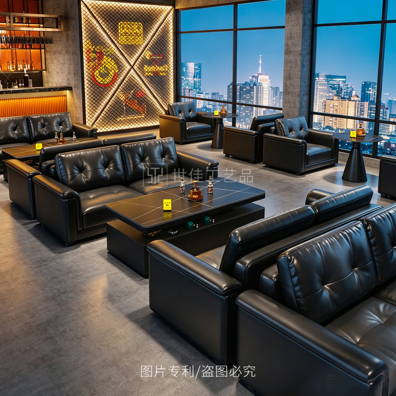 Bar and Pub Sofa Booth Table and Chair Set, Industrial Modern Style, Cigar Bar, Whiskey Music Lounge, Café