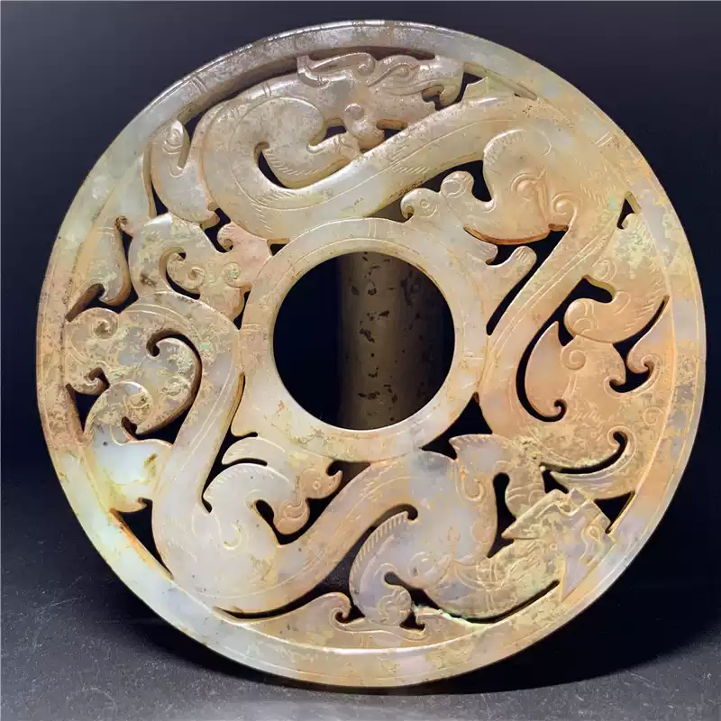 汉代双龙纹和田玉璧沁色老玉收藏战汉古玉旧玉雕工艺术品