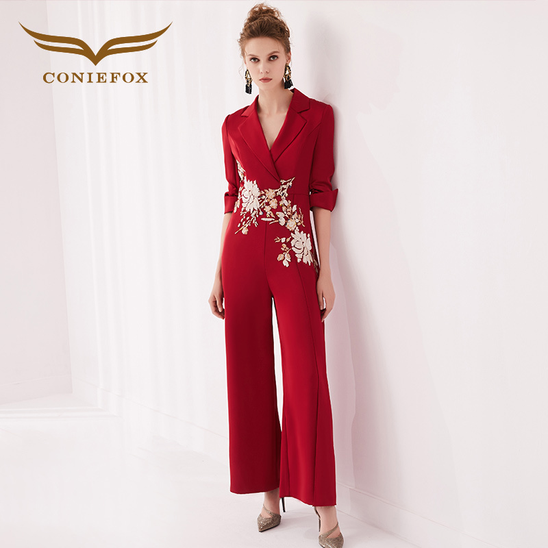Creative Fox-Red Jumpsuit for Women, High-End Business Attire for Wedding Banquets, High-Waisted Wide-Leg Pants, Formal Pants