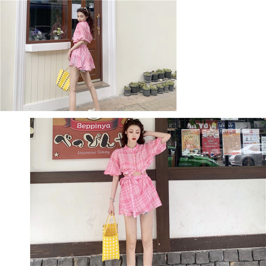 VK旗艦店 韓系格紋泡泡袖慵懶風露腰性感短袖洋裝