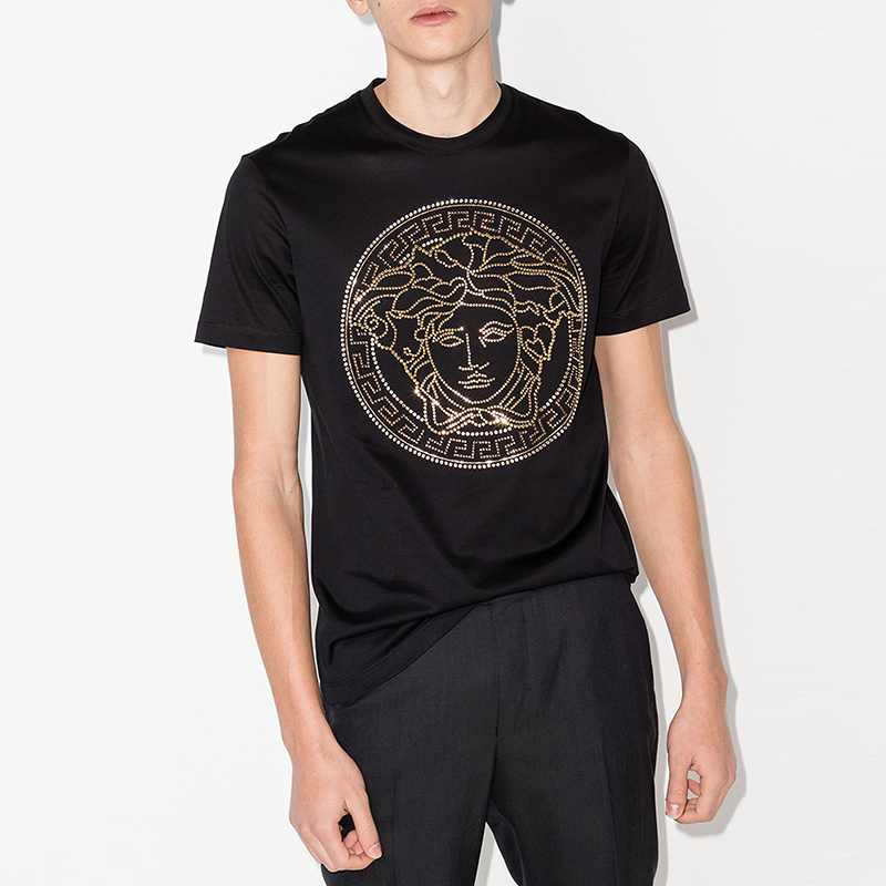 Versace/Versace Unisex Cotton T-Shirt with Medusa Head Design and Rhinestones A77987 Versace/Versace Unisex Cotton T-Shirt with Medusa Head Design and Rhinestones A77987