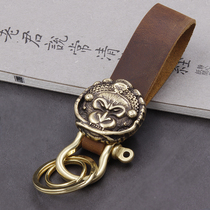 Copper shadow cowhide key chain leather key chain mens female car key pendant brass financial cloth buckle creative small gift