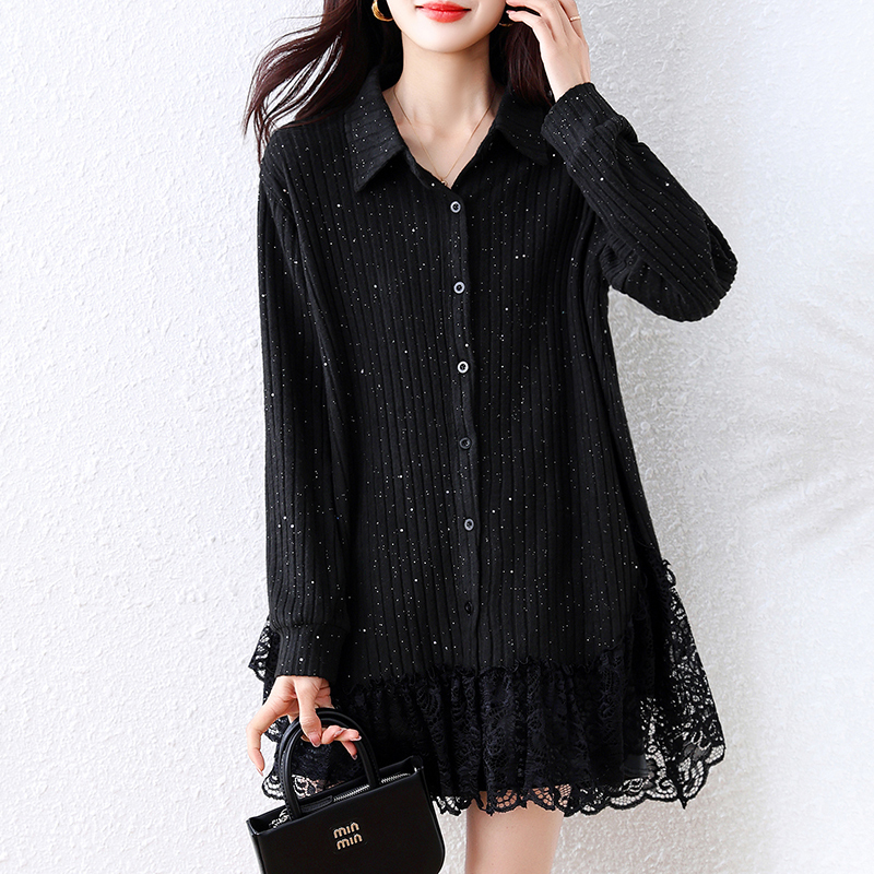 September Momo Sequin Lace Patchwork Shirt for Women, Autumn and Winter Mid-Length Loose Shirt, Plus-Size, Age-Reducing, Stylish Top September Momo Sequin Lace Patchwork Shirt for Women, Autumn and Winter Mid-Length Loose Shirt, Plus-Size, Age-Reducing, Stylish Top