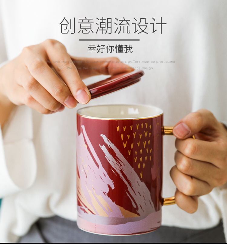 Creative household ceramic cup Europe type ins wind move with cover teaspoons of male and female students glass mugs of coffee cup