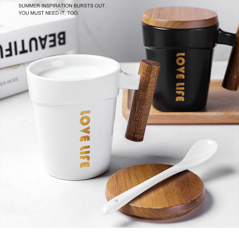 The Nordic idea with wooden handle, ceramic cup move trend male and female students home office mark cup with cover glass