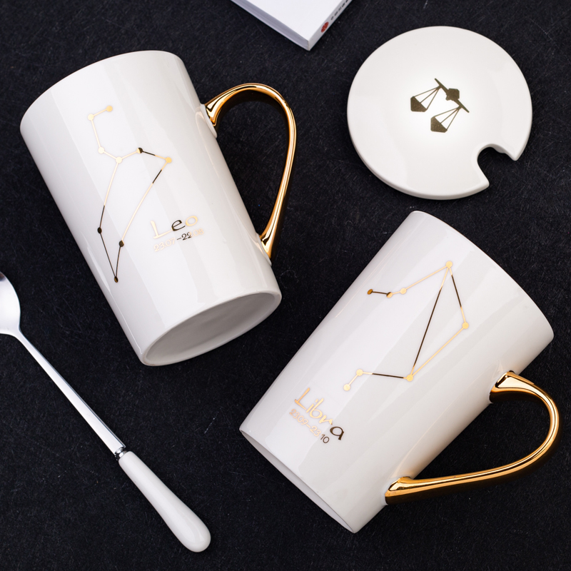 Creative constellation glass ceramic cup couples contracted mark cup coffee cup with cover spoon move can be a pair of cups