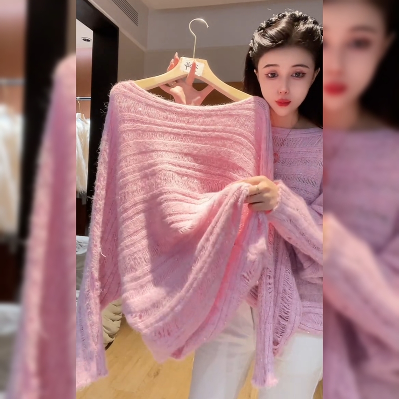 Korean-Style Heavy Sequin Pink Knit Sweater for Women, Unique, High-End, Gentle, Lazy Style, Loose and Soft Top