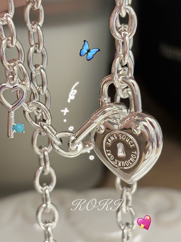Koki Original Design S925 Sterling Silver Heart Lock Necklace Niche Design Sweet and Cool Adjustable Clavicle Chain
