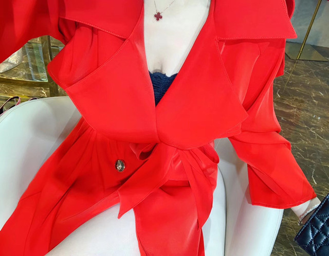 European high-end light luxury red mid-length belted acetate silk dress goddess style windbreaker blazer