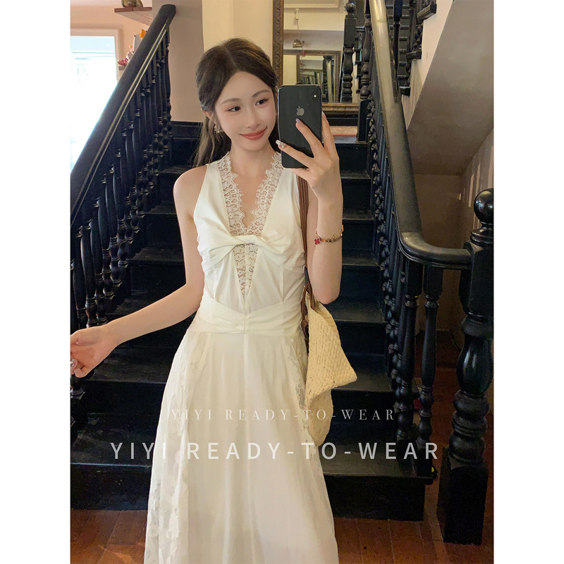 Yiyijia Petite [White Island] White Dress for Women, Summer Design, Lace Sleeveless V-Neck Long Dress