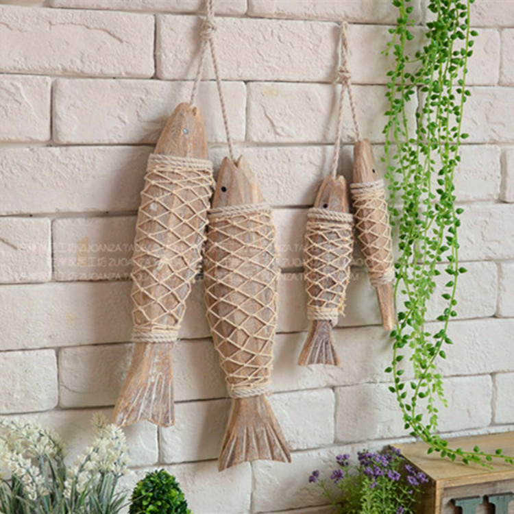 Mediterranean fish pendant Handmade solid wood string fish wall decoration American Country wall hanging wall decoration Simulation fish string decoration